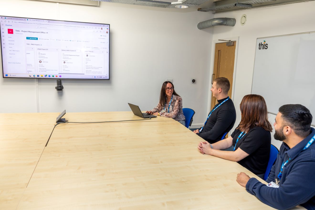 Male and Female colleagues sat around a large desk with the Kanban Board displayed on the projector