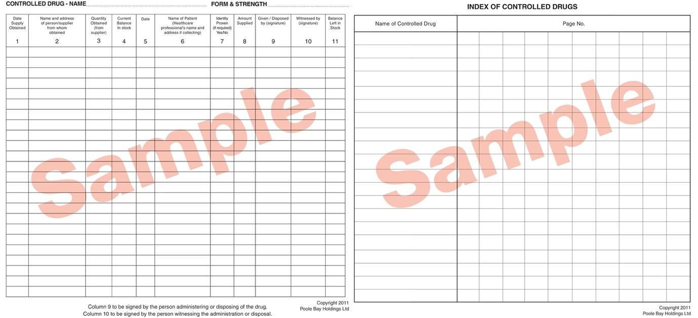 Sample pages from a traditional controlled drugs register